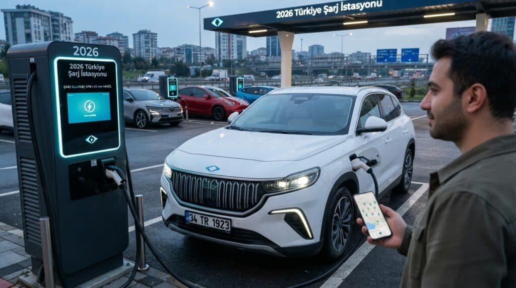Bir adam, Togg T10X elektrikli aracını bir şarj istasyonunda şarj ederken elindeki telefondan uygulamayı inceliyor.