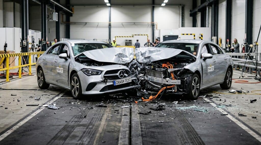 Mercedes-Benz İki CLA Modelini Çarpıştırma Testine Tabi Tuttu: Güvenlik ve Batarya Analizi 7 Bir çarpışma testi tesisinde önden birbirine çarparak ağır hasar almış iki gümüş Mercedes-Benz CLA otomobil.
