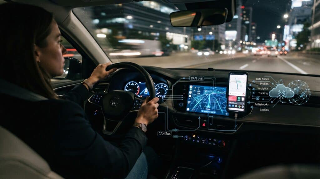 Gece şehir içi trafikte modern bir Volkswagen otomobili süren ve ön konsolunda navigasyon ve akıllı telefon uygulamaları açık olan kadın sürücü.