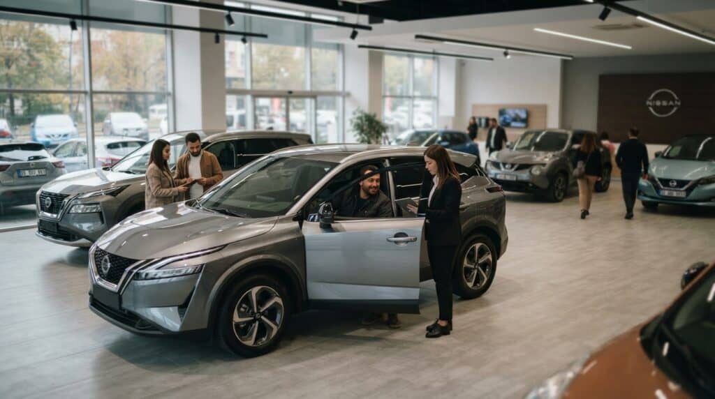 Nissan'ın Ekim Ayı Sıfır Araç Kampanyaları ve Güncel Fiyatları 2 Geniş ve aydınlık bir Nissan bayisinde sıfır araçları inceleyen müşteriler ve satış danışmanları yer alıyor.