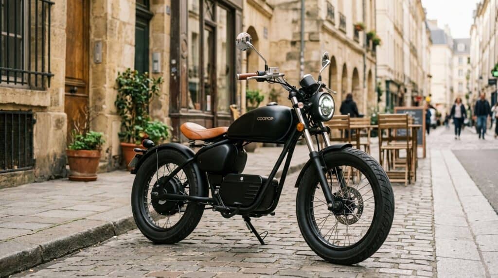 Siyah renkli ve kahverengi seleli Coopop Bobber elektrikli motosiklet, arnavut kaldırımlı bir sokakta duruyor.