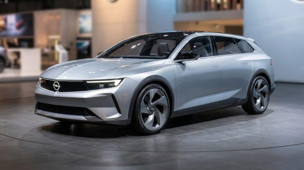 Opel STX Concept model elektrikli station wagon otomobil, döner bir platform üzerinde sergileniyor.