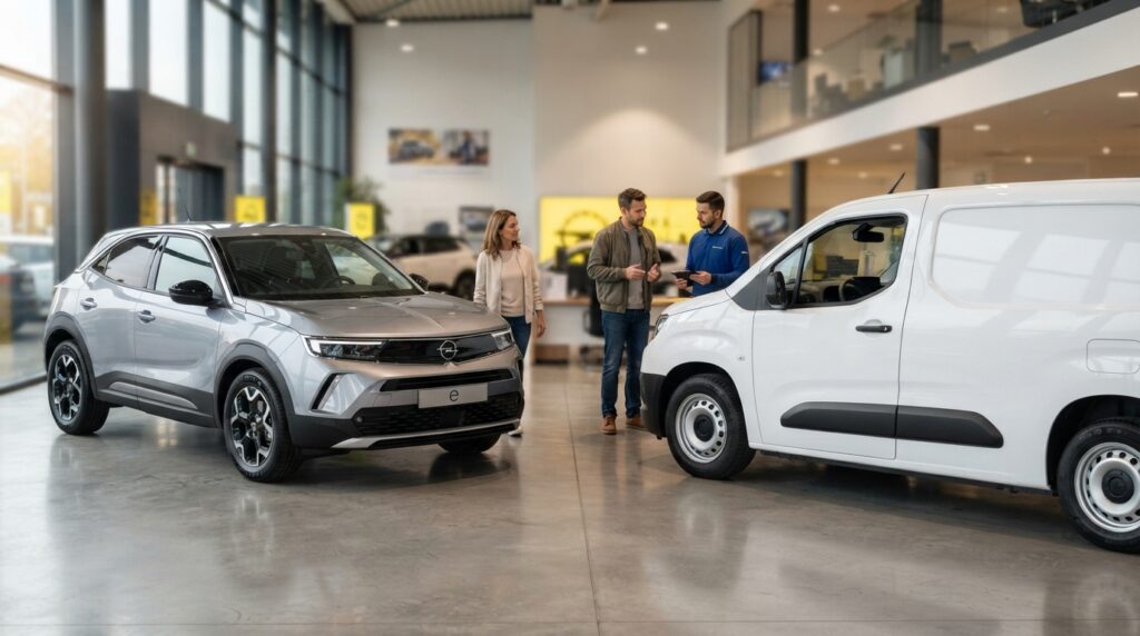 Opel'den Ekim Ayında Ticari Araçlara Sıfır Faiz ve Elektrikli Mokka'da Önemli İndirim 2 Bir otomobil bayisinde gri renkli bir Opel Mokka-e ile beyaz bir ticari aracı inceleyen müşteri çift ve satış temsilcisi.