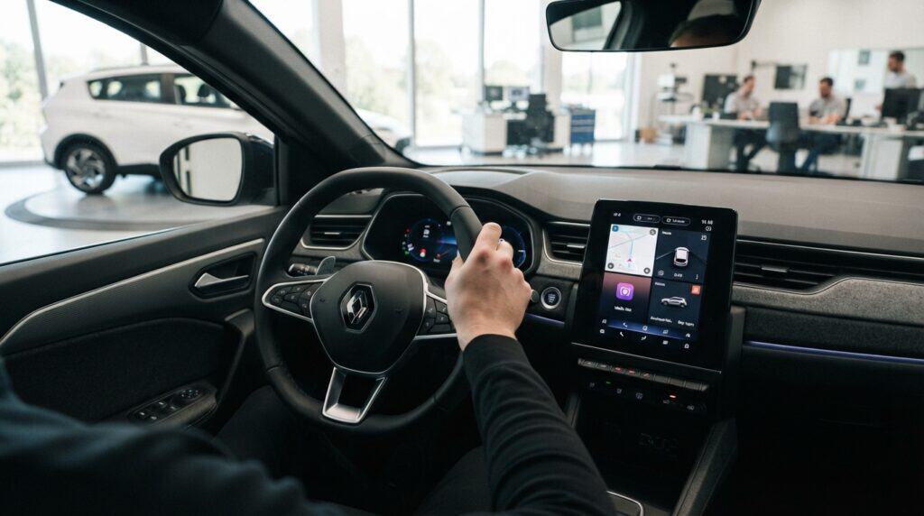 Oto Gündem: Renault'nun Yeni Kokpiti, Bayon Yenilikleri ve Sektörün Gündemi 2 Renault direksiyonu ve OpenR Link multimedya ekranının göründüğü modern bir araba kokpiti.