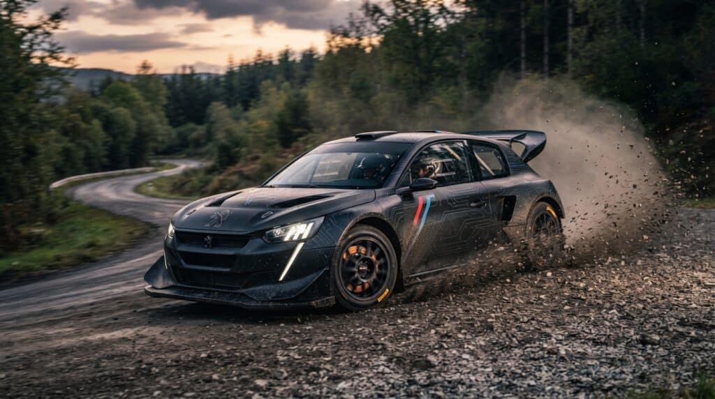 Orman yolunda toz kaldırarak viraj alan siyah renkli Peugeot E-T16 ralli aracı.