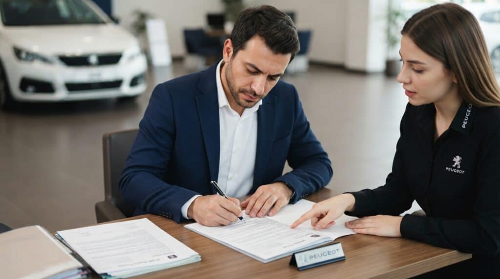 Peugeot'un Ekim Ayı Kredi ve Finansman Kampanyası Detayları 2 Peugeot bayisinde kredi sözleşmesini imzalayan müşteri ve aracı kurum görevlisi.