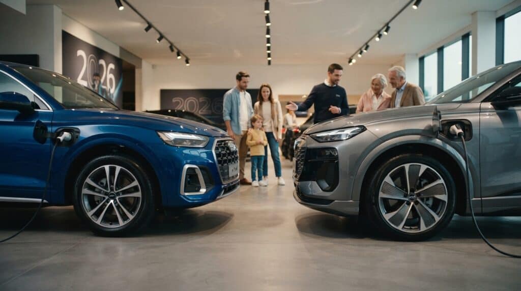 Bayide elektrikli araçları inceleyen bir aile ve satış danışmanı, ön planda şarjda iki Audi model.
