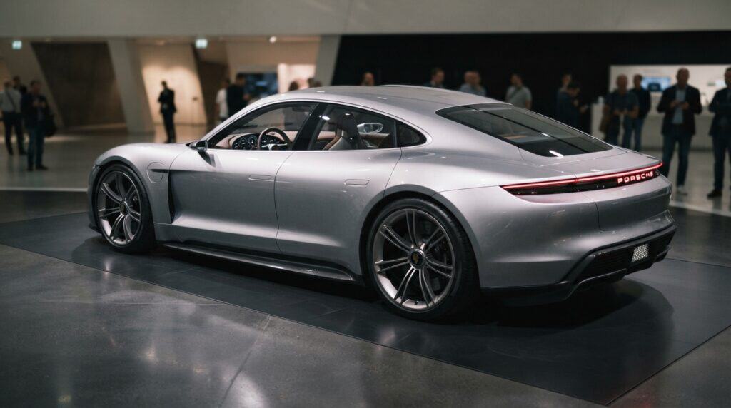 Porsche'den Analog Ruhlu Gelecek Vizyonu: Mission S Tantıldı 2 Gri renkli Porsche Mission E konsept otomobili, bir kapalı alan sergisinde üç çeyrek arkadan görünümle sergileniyor.