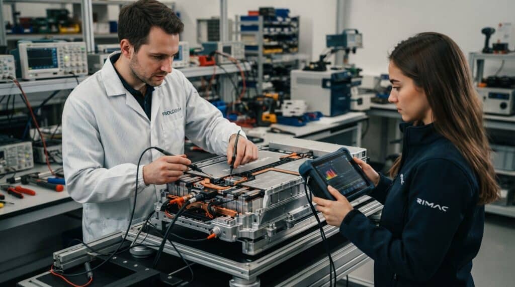 ProLogium ve Rimac'tan Elektrikli Otomobiller İçin Yeni Nesil Batarya Hamlesi 2 ProLogium logolu önlüklü bir mühendis, Rimac logolu mont giyen meslektaşıyla birlikte laboratuvarda büyük bir batarya modülünü test ediyor.