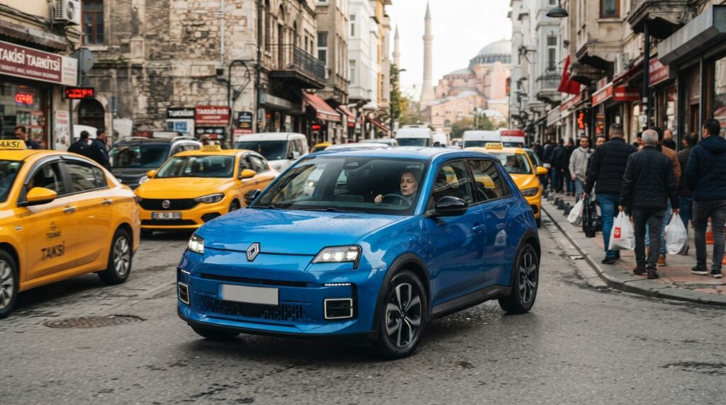 Renault 5 E-Tech Şehir Kullanımı: Türkiye'de Pratik Mi? 2 Tarihi sokakta park halindeki mavi Renault 5 E-Tech, çevredeki sarı taksiler ve yayalar.