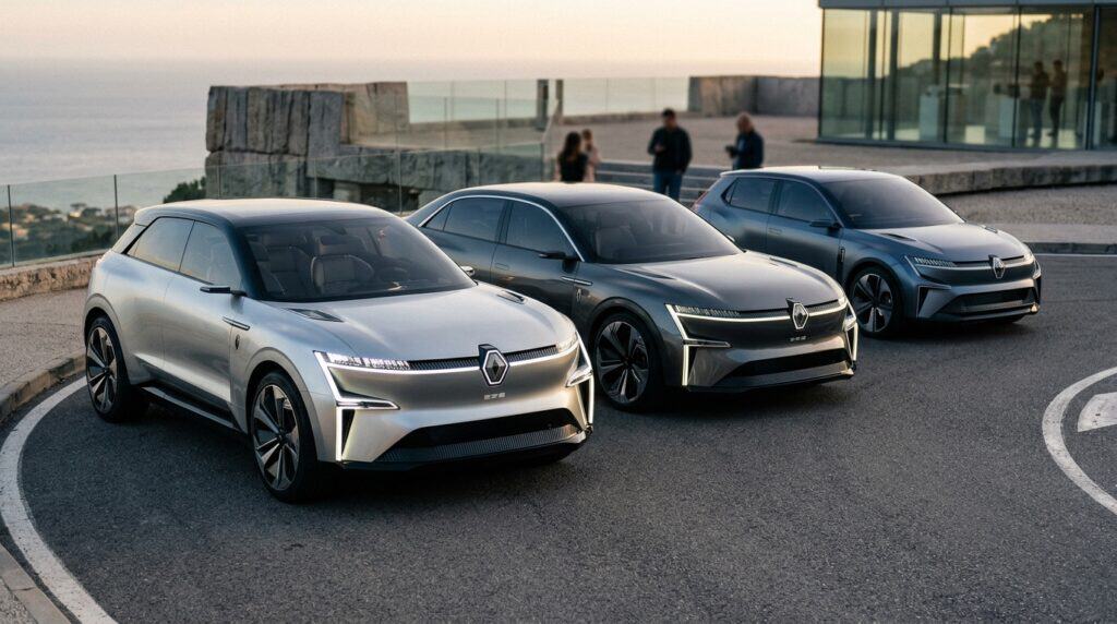 Deniz manzaralı açık alanda yan yana sıralanmış üç farklı gümüş renkli Renault konsept otomobili.
