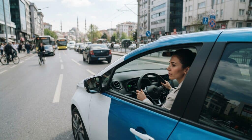 Şehir İçi Elektrikli Araç Menzili Nasıl Artırılır? 2026 Rehberi 2 Şehir içi trafikte direksiyon başındaki bir kadın sürücü ve arkasında akan yoğun trafik görülüyor.
