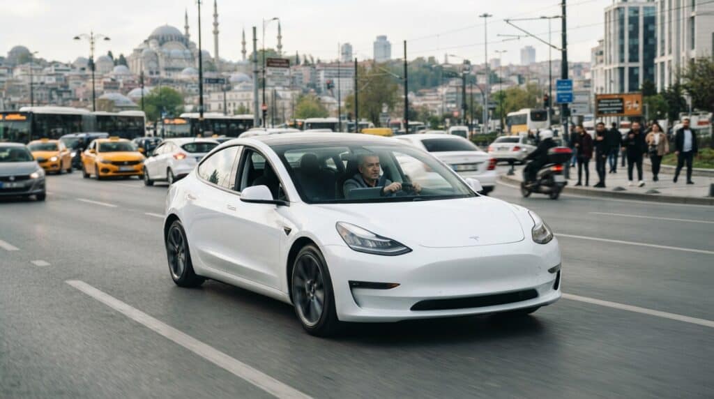 Şehir İçi Elektrikli Araç Menzili Nasıl Artırılır? 2026 Rehberi 2 Yoğun trafikte seyir halinde olan beyaz renkli bir Tesla Model 3 ve sürüş sırasında odaklanmış olan sürücüsü.