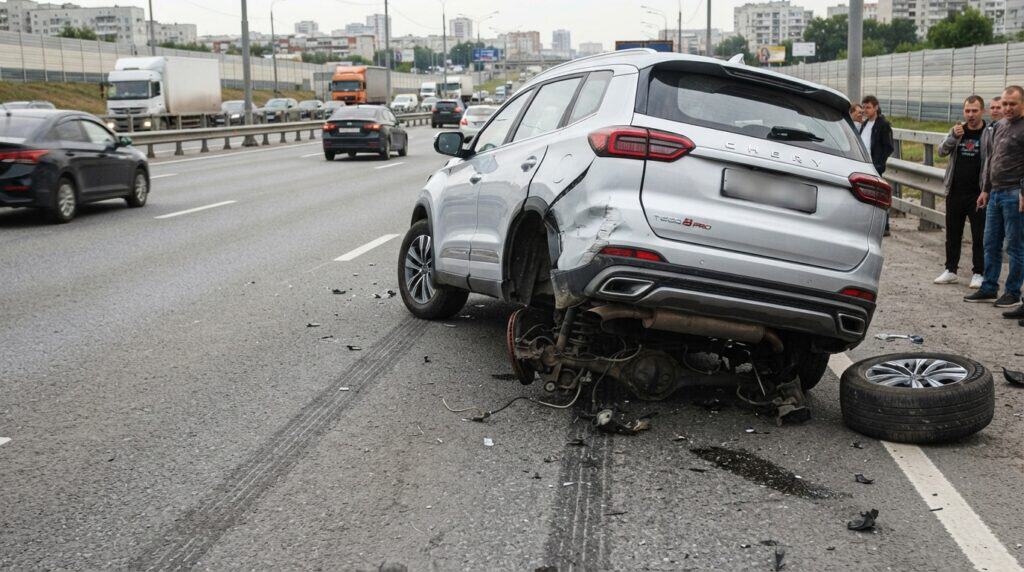 Trafikte arka aksı koparak kazaya karışmış gümüş gri renkli Chery Tiggo 8 Pro SUV otomobil ve çevredeki insanlar.