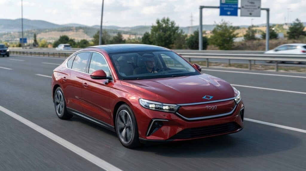 Otoyolda seyir halinde olan kırmızı renkli Togg T10F sedan elektrikli otomobil.