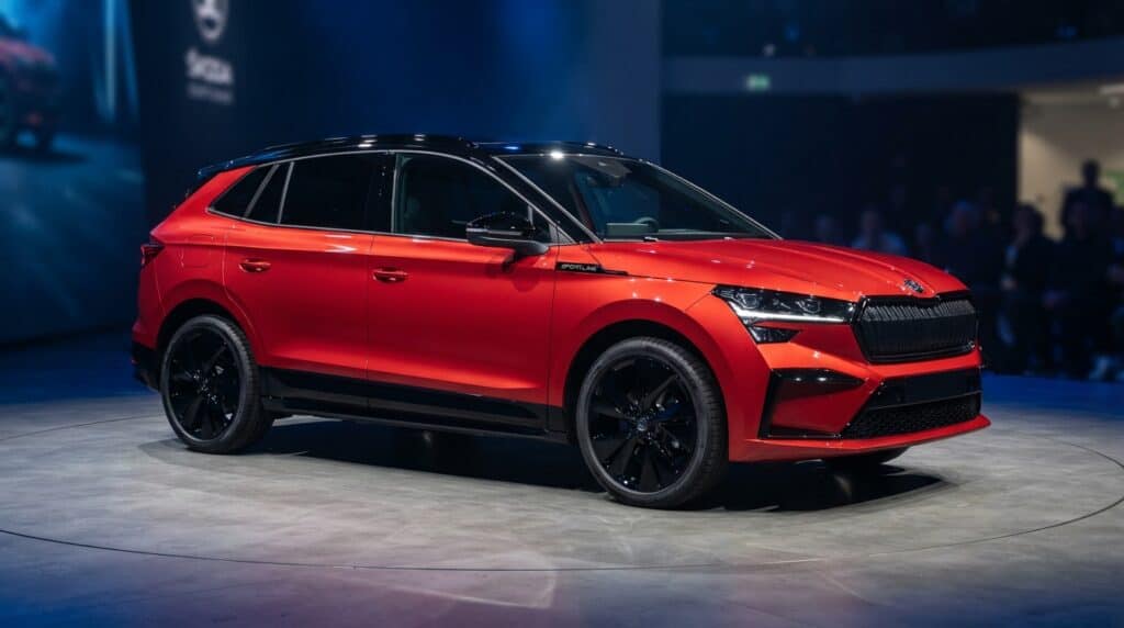 Sahne üzerinde duran kırmızı renkli Skoda Epiq Sportline SUV.