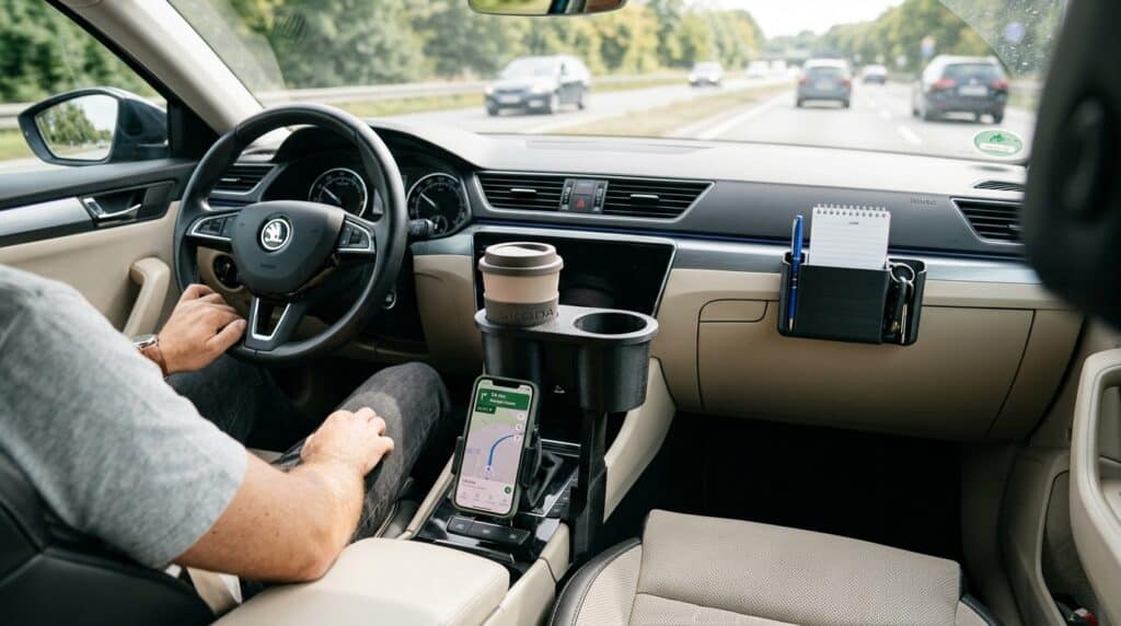 Skoda otomobilin ön konsolunda yer alan 3D baskı bardaklık, telefon tutucu ve torpido üstü eşya düzenleyici aksesuarlar.