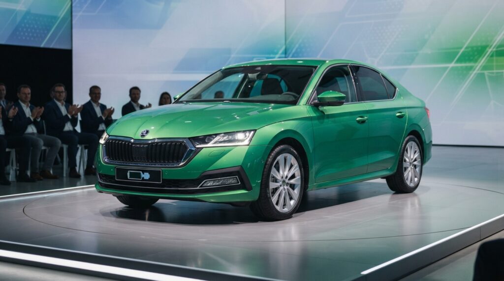 Tanıtım sahnesinde sergilenen yeşil renkli Skoda Octavia marka tam hibrit otomobil.