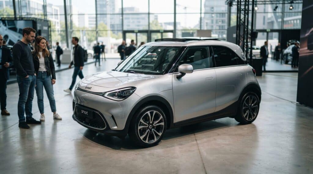 Geniş camlı modern bir salonda sergilenen gri renkli yeni Smart #2 otomobil ve onu inceleyen insanlar görülüyor.