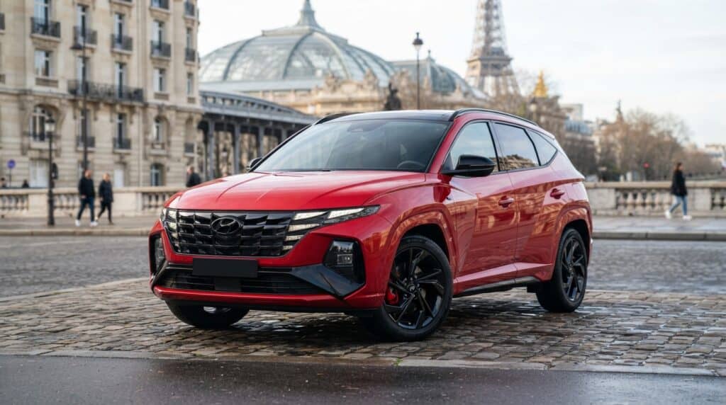 Yeni Hyundai Tucson N-Line, Paris sokaklarında park halinde dururken görülüyor.