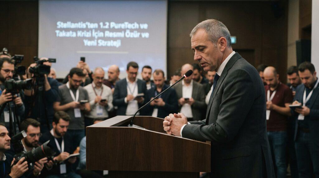 Stellantis'ten 1.2 PureTech ve Takata Krizi İçin Resmi Özür ve Yeni Strateji 10 Stellantis'in 1.2 PureTech ve Takata Krizi İçin Resmi Özür ve Yeni Strateji basın toplantısında konuşan bir yetkili ve onu takip eden gazeteciler.