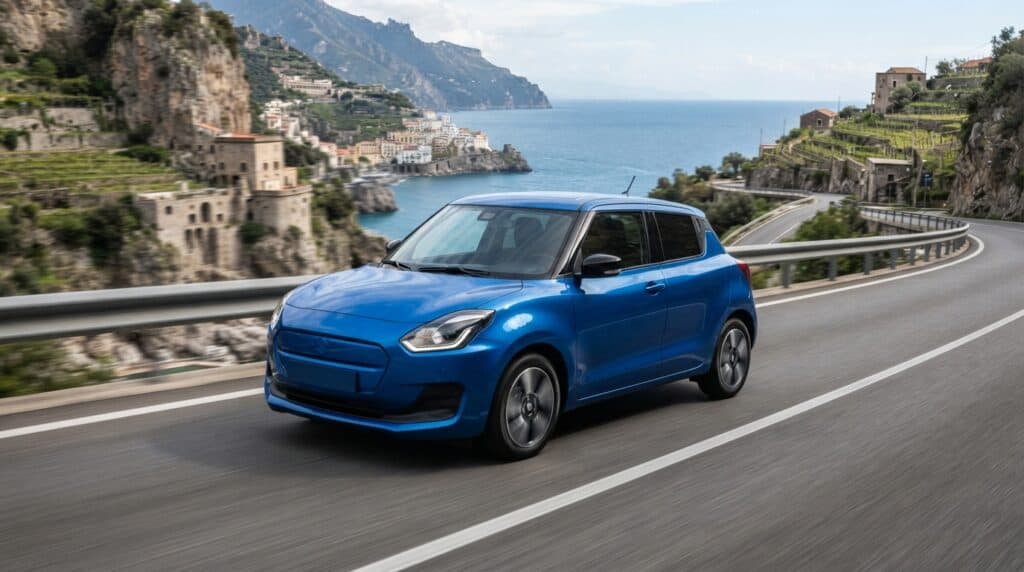 Suzuki'nin Yeni Elektrikli Şehir Otomobili e SKY Avrupa Yollarına Çıkıyor 2 Mavi renkli yeni elektrikli Suzuki e SKY şehir otomobili, kıvrımlı sahil yolunda ilerliyor.