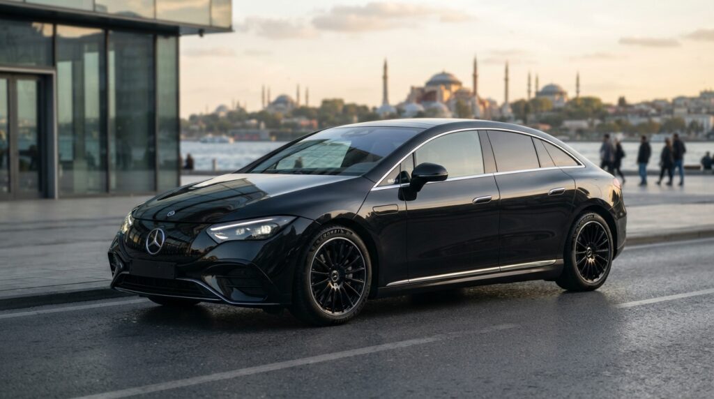 Tamamen Elektrikli Mercedes C-Serisi Türkiye'de: Fiyatı ve Özellikleri 2 İstanbul silüeti ve tarihi yapıların önünde park edilmiş siyah renkli elektrikli Mercedes-Benz elektrikli otomobil.