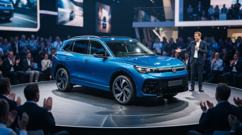 Tamamen Elektrikli Volkswagen ID. Tiguan Sahne Aldı: Özellikleri ve Fiyatı Ne Kadar? 2 Tamamen elektrikli mavi Volkswagen Tiguan modelinin yer aldığı tanıtım sahnesi.