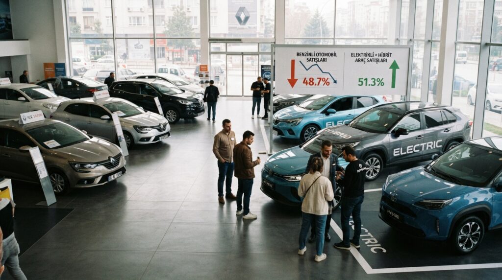 Tarihi Dönüm Noktası: Sadece Benzinli Otomobil Satışları İlk Kez Yüzde 50'nin Altına Geriledi 2 Geniş bir galeri salonunda yeni model otomobillerin arasında satış oranlarını gösteren dijital tabela ve ilgili müşteriler görülüyor.