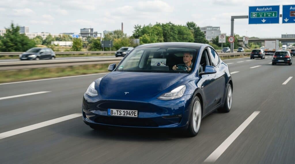 Mavi Tesla Model Y, Almanya'daki bir otoyolda seyir halinde ilerliyor.
