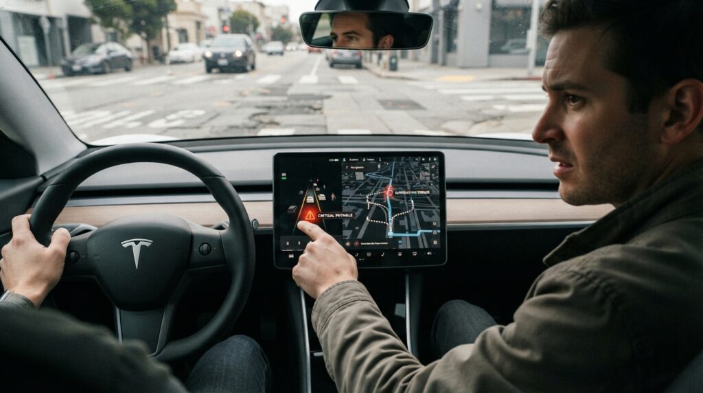 Tesla, FSD Sistemindeki Kritik Çukur ve Navigasyon Hataları İçin Düğmeye Bastı 2 Bir Tesla model aracın içinden çekilen fotoğrafta, sürücü FSD ekranındaki kritik çukur uyarısına işaret ediyor.