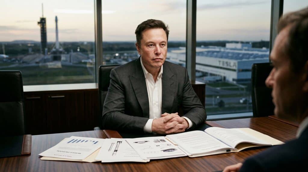 Tesla ve SpaceX Tek Çatı Altında Toplanabilir: Dev Birleşme Görüşmeleri Başladı 9 Elon Musk, masasında belgelerle otururken arkasındaki pencerelerden SpaceX fırlatma tesisi ve Tesla fabrikası görülüyor.