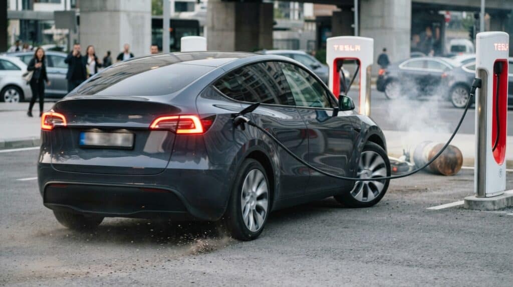 Şarj istasyonundaki Tesla Model Y aracın arkasındaki kablo bağlıyken hızla uzaklaşırken havaya toz kalktığı an.
