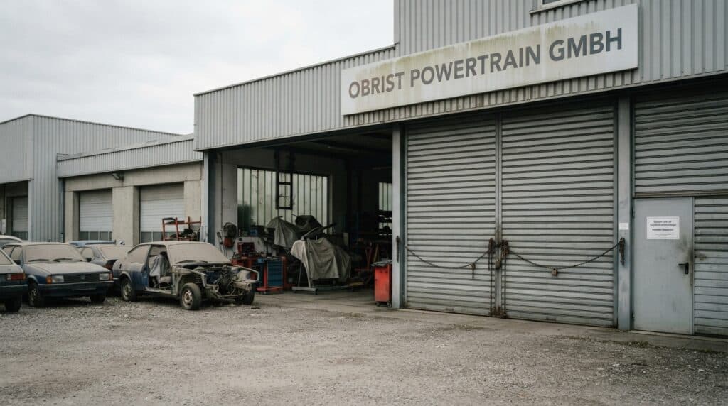 Önünde eski ve hurda araçların bulunduğu, kepenkli girişinin üzerinde "OBRIST POWERTRAIN GMBH" yazısı yer alan bir sanayi tesisi.