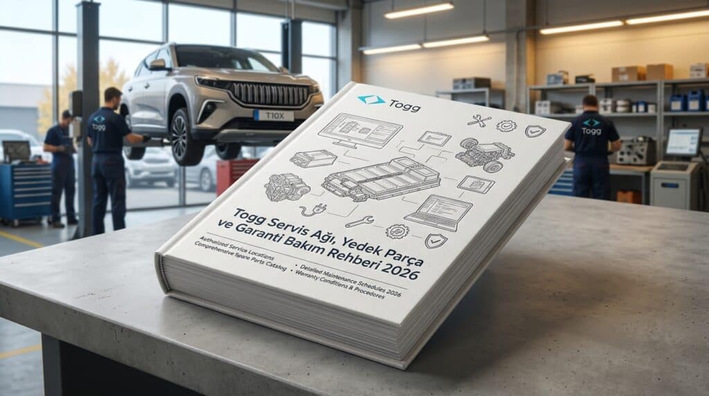 Togg Servis Ağı, Yedek Parça ve Garanti Bakım Rehberi 2026 3 Oto servis atölyesindeki tezgahta duran Togg servis ve bakım rehberi kitabı ile arka planda lifte kaldırılmış Togg T10X otomobil.