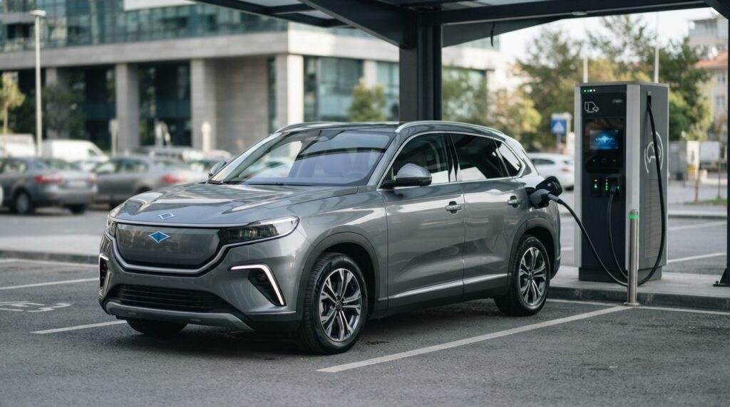 Togg T10X Şarj ve Menzil Gerçeği: 2026'da Gerçekler Neler? 2 Şarj istasyonuna bağlı duran gri renkli Togg T10X elektrikli SUV otomobil.