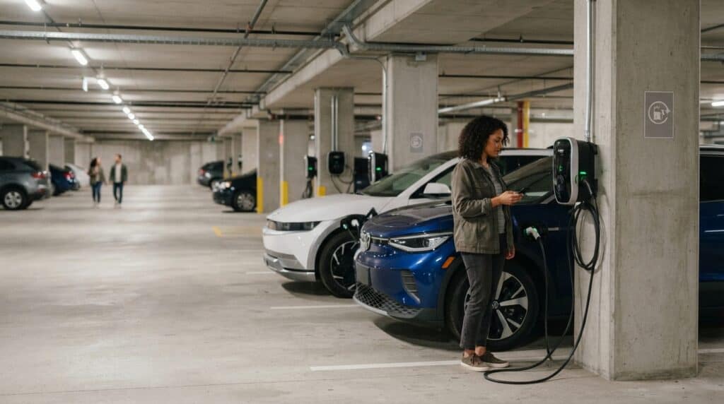 Toplu Konutta Elektrikli Araç Şarj Hakkı ve Yönetmelik Rehberi 2 Otoparkta elektrikli otomobilini şarj ederken akıllı telefonunu kullanan bir kadın görülüyor.
