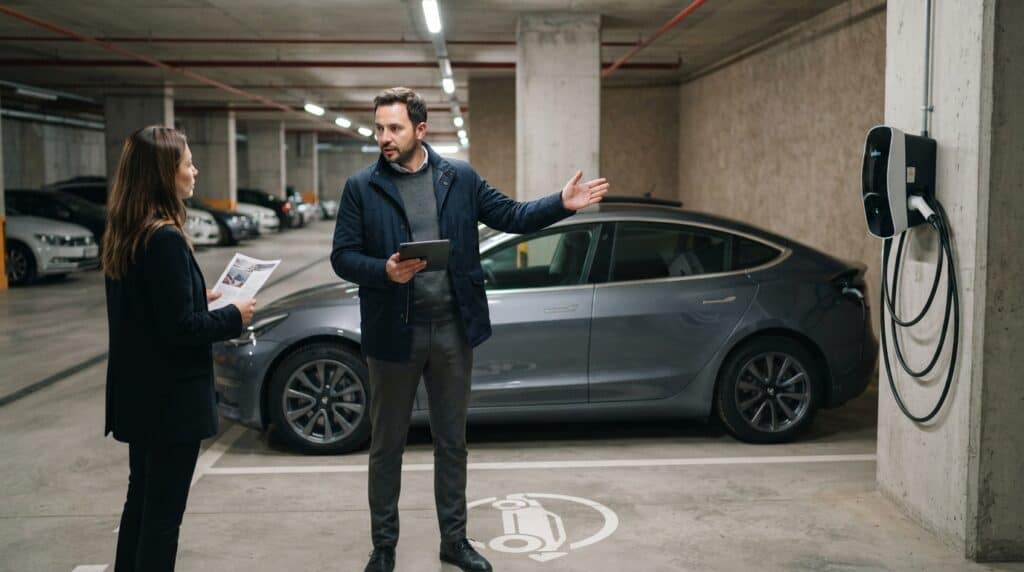 Bir otoparkta elektrikli şarj istasyonunu ve aracı tanıtan bir erkek ve bir kadın yer alıyor.