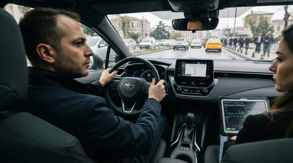 Toyota Corolla'nın Direksiyonunda Yapay Zeka Testi: Sadece Biri Başarılı Oldu 2 Toyota Corolla'nın direksiyonunda yapay zeka testi gerçekleştiren sürücü ve yolcu.