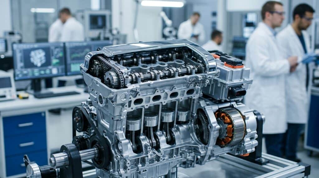 Toyota Yeni Hibrit Motor Ailesiyle Verimliliği Düşürmeyi Hedefliyor 2 Laboratuvar ortamında sergilenen içten yanmalı ve elektrikli motor parçalarını gösteren kesit hibrit motor modeli.