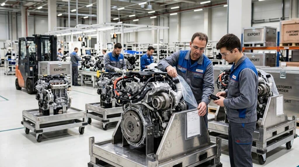 Toyota fabrika çalışanları stant üzerine yerleştirilmiş otomobil motorunu inceliyor.