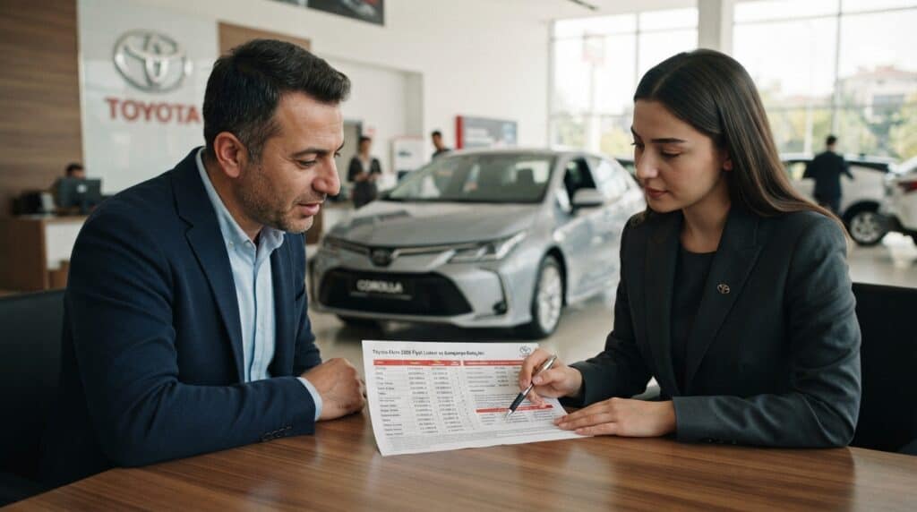 Toyota'nın Ekim 2026 Fiyat Listesi ve Güncel Kampanya Detayları 2 Toyota bayisinde bir satış danışmanı ve müşteri, masada Toyota Ekim 2026 fiyat listesini inceleyip araç modellerini değerlendiriyor.