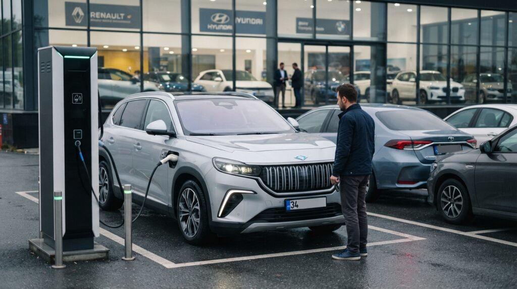 Bir şarj istasyonuna bağlı Togg T10X elektrikli SUV aracın yanında duran ve aracı inceleyen bir adam.
