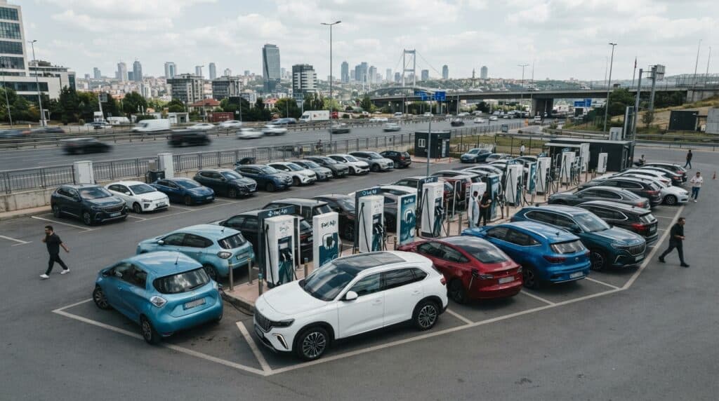 İstanbul'daki bir elektrikli araç şarj istasyonunda Togg ve çeşitli elektrikli otomobiller şarj edilirken görülüyor.
