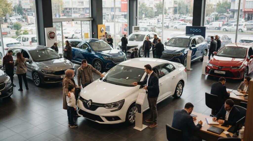 Türkiye'de Eylül Ayı Otomobil Tercihleri ve TÜİK Verileri: Pazar Nasıl Şekillendi? 2 Otomobil bayisinde yeni model araçları inceleyen müşteriler ve satış danışmanları yer alıyor.