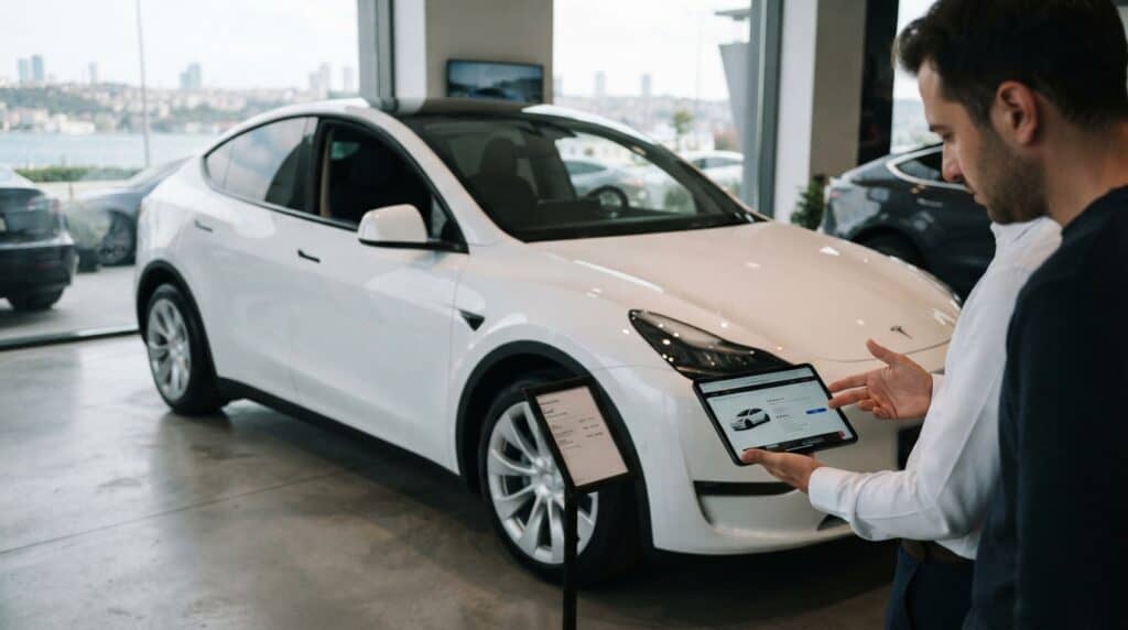 Türkiye'de Tesla Model Y Fiyatları Güncellendi: İşte Yeni Rakamlar 2 Galeri içindeki beyaz Tesla Model Y aracını ve tabletle fiyat inceleyen kişiyi gösterir.