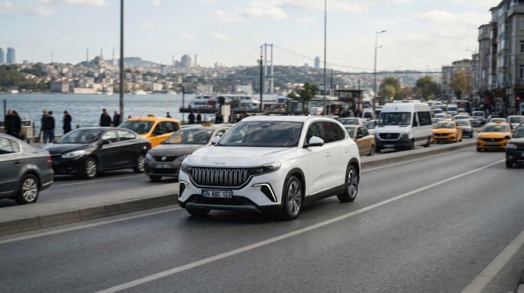 İstanbul Boğazı ve tarihi silüet eşliğinde sahil yolunda seyreden beyaz renkli yerli elektrikli SUV Togg.