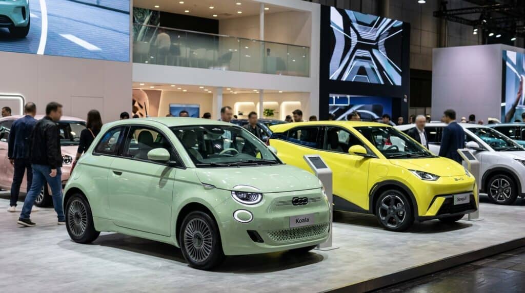 Uygun Fiyatlı Elektrikli Otomobil Pazarında Yeni Gelişmeler: Fiat Koala, BYD Seagull ve Diğer Modeller 2 Otomobil fuarında yan yana sergilenen açık yeşil Fiat Koala ve sarı renkteki BYD Seagull elektrikli araçlar.