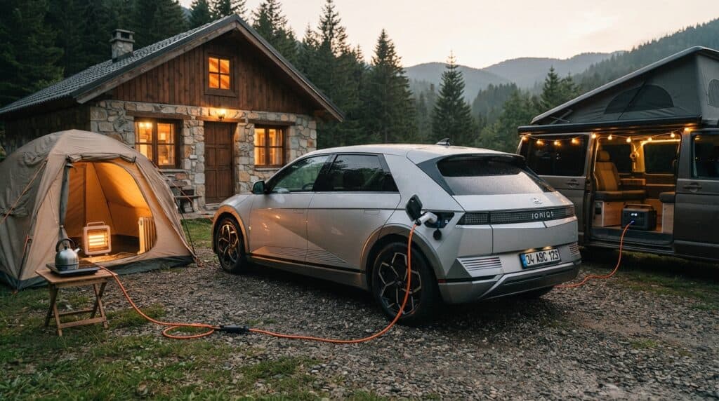 V2L Nedir? Elektrikli Araç Evde ve Kampçılıkta Nasıl Kullanılır? 2 Ormanlık bir alandaki taş evin önünde V2L teknolojisiyle çadıra ve karavana elektrik sağlayan gri renkli Hyundai Ioniq 5.