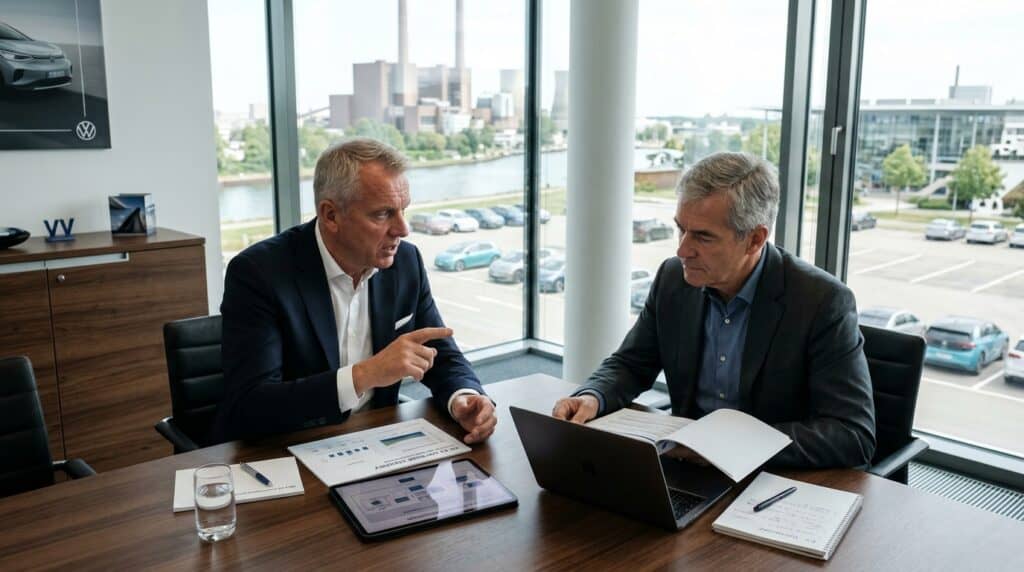 Volkswagen, Avrupa Elektrikli Araçlarında Çin'de Geliştirilen Yazılımı Kullanmayı Tartışıyor 2 Volkswagen fabrikası manzaralı bir ofiste masa başında belgeleri ve bilgisayarı inceleyerek toplantı yapan iki yönetici.